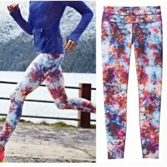 Athleta Hypersonic Sonar Tights Leggings Pink Floral Watercolor Print Running - Picture 1 of 10
